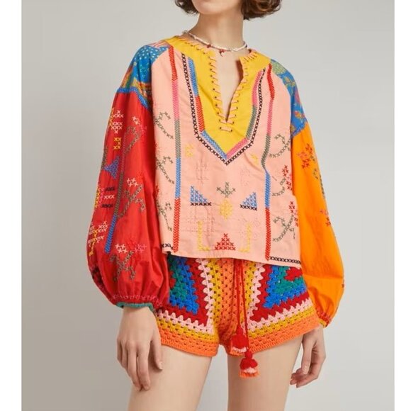 FARM RIO color blocked embroidered blouse - M - Picture 2 of 15